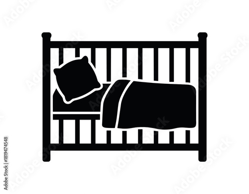 Crib with pillow and blanket black silhouette with bar and bedding lines newborn sleep space