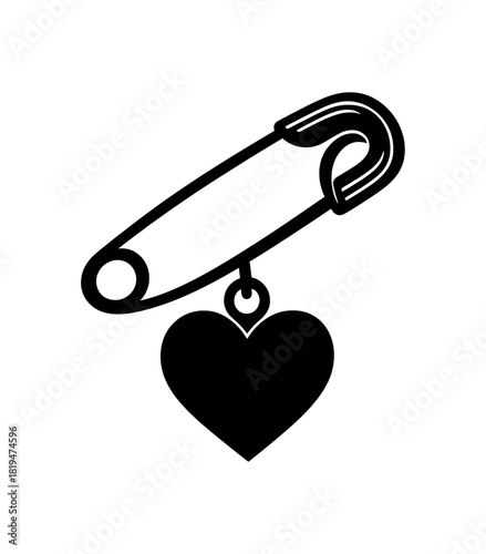 Safety pin with heart charm black silhouette with clasp and decor lines care and protection symbol