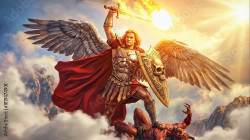 Saint Michael Archangel, a powerful angel with wings and shining armor, standing victorious over a defeated demon, holding a flaming sword high in a dramatic sky over mountains