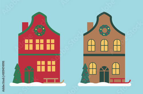 Winter Christmas house flat vector clipart set.
Holiday house illustration art and Graphics.
There is a Christmas tree and a sleigh in front of the house.
