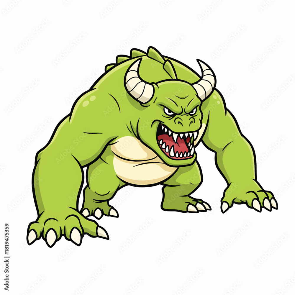 Obraz premium Angry Green Cartoon Monster with Horns and Sharp Claws.