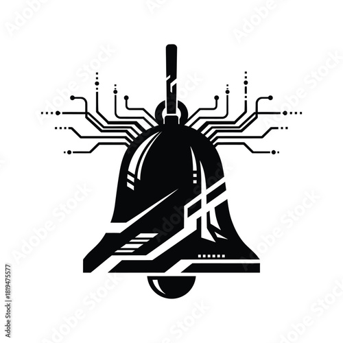 Cyber bell illustrated as a sleek black and white silhouette vector icon for futuristic and tech-themed design