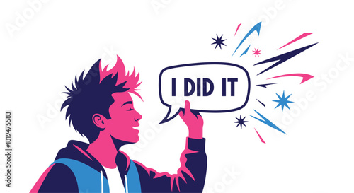 A happy young man with punk hair celebrates a personal achievement with a speech bubble saying 'I Did It' and fireworks.
