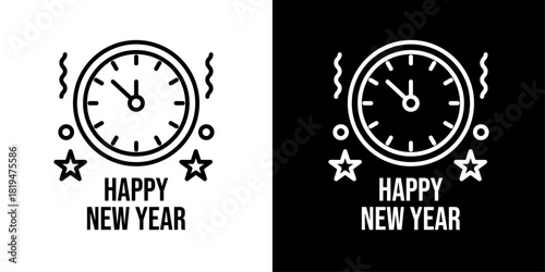 Modern minimal “New Year Clock” icon showing countdown time, perfect for NYE posts, party graphics, holiday banners, event invites, and festive designs.