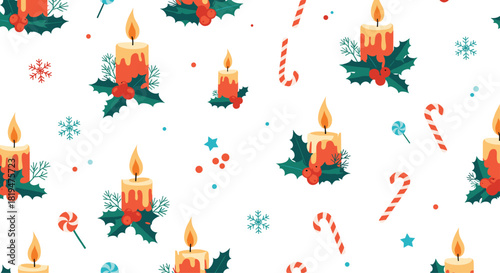 Cheerful seamless Christmas pattern featuring lit candles decorated with holly leaves candy canes and snowflakes on white.