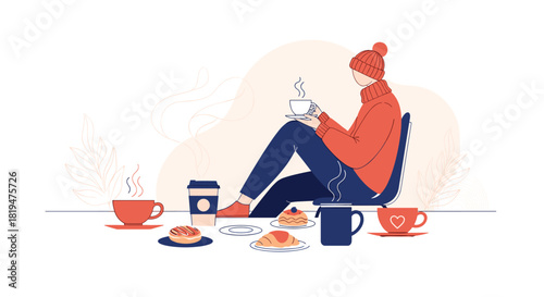 A person wearing a warm winter hat and sweater enjoys a hot coffee and pastries in a cozy and relaxing atmosphere.