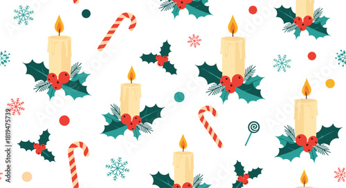 A festive and seamless Christmas pattern with lit candles holly leaves candy canes and snowflakes on a white background.