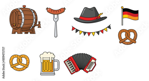 Set of classic German Oktoberfest celebration symbols including beer pretzels a sausage and an accordion on a white background.