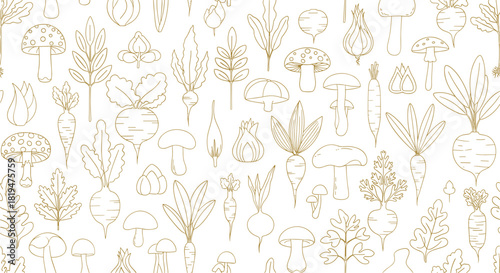 Golden brown line art pattern of various root vegetables and wild mushrooms on a clean white background for culinary designs.
