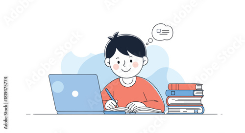 Cartoon illustration of a smiling boy at his desk studying with a laptop and books representing online education and homework.