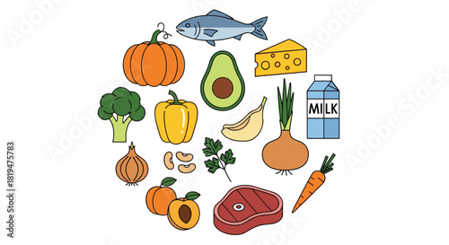 Assortment of healthy food items arranged in a circle including fish meat vegetables and fruit representing a balanced diet.