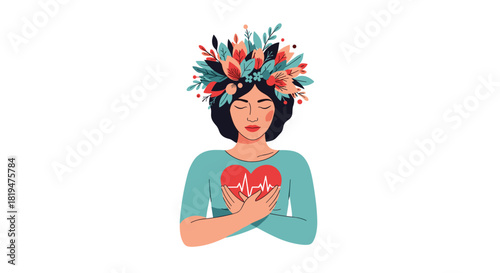 Peaceful woman with a floral crown holding a heart with an EKG line symbolizing self-care mental health and emotional wellness.