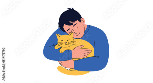 Young man with closed eyes tenderly hugging a happy orange cat illustrating pet love companionship and emotional connection.