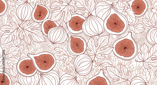 Elegant seamless pattern of hand-drawn fig fruits and leaves in a detailed brown outline style on a white background.