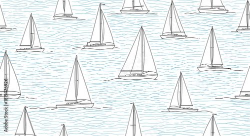 Seamless nautical pattern of hand-drawn sailboats on stylized blue waves creating a simple and elegant maritime background.