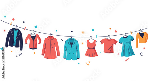 Colorful casual men's and women's clothing hanging on a clothesline with festive confetti scattered around the background.