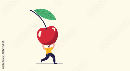 Illustration of a small man carrying a giant red cherry representing health strength or achieving a significant goal.