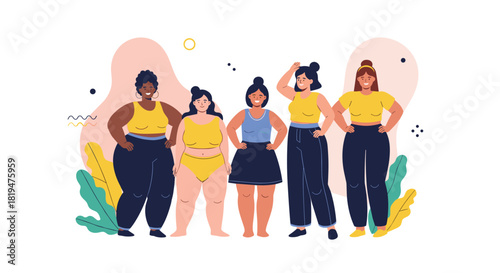 Group of five happy and confident diverse women with different body types standing together to promote body positivity.