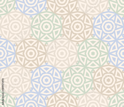 Vector geometric seamless pattern with moroccan motifs, arabesque floral texture, islamic star ornament. Pastel colored background. Elegant repeated design for wallpaper, textile, decor, print, wrap