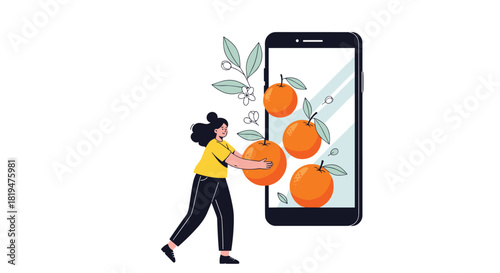 A woman shops for fresh oranges online using a giant smartphone in a modern concept for grocery delivery applications.