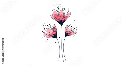 Elegant and minimalist illustration of three delicate pink flowers with black stems and stamen isolated on a white background.