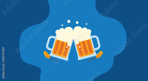 Two frothy beer mugs clinking together in a celebratory toast for Oktoberfest or a party on a simple dark blue background.