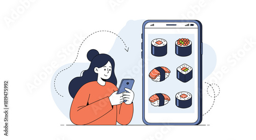 A woman uses her mobile phone to order sushi for delivery from an online restaurant application with a simple interface.