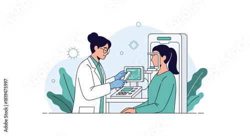 An ophthalmologist or eye doctor conducting a vision test for a female patient using modern medical equipment in her clinic.