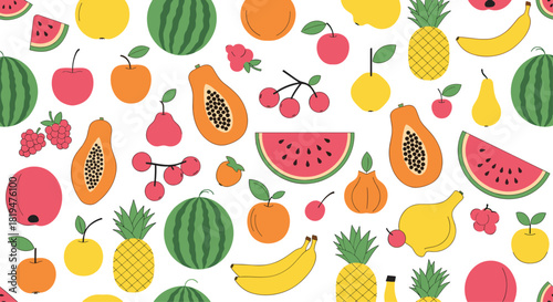 Colorful and healthy seamless pattern of various fresh fruits like watermelon pineapple and banana on a white background.