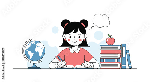 A cute cartoon girl studies at her desk with a globe and a stack of books representing education and learning concepts.