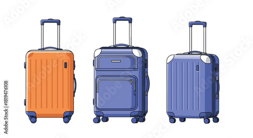 Set of three colorful and modern rolling travel suitcases in orange and blue for vacation and business trip concepts.