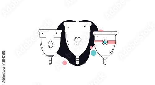 Three menstrual cups illustrated in a clean black and white line art style with simple colorful decorative background shapes.