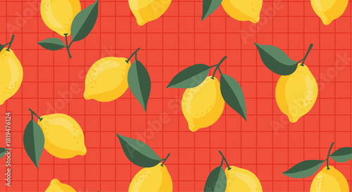 A vibrant and fresh seamless pattern of yellow lemons on a bright red background with a subtle white grid overlay.