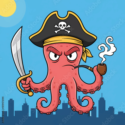 Cartoon Pink Octopus Pirate Holding Sword and Smoking Pipe.