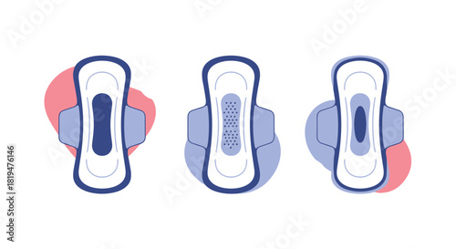 Set of three different types of sanitary pads for feminine hygiene during menstruation shown with abstract colorful backdrops.