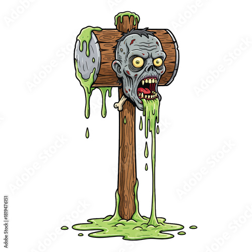 Cartoon Zombie Head Mounted on Wooden Mallet with Dripping Green Slime.