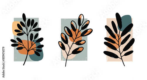 Set of three modern abstract botanical art prints featuring black leaves on colorful textured geometric background shapes.