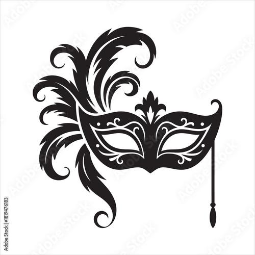 Ornate masquerade accessory with feathers is shown in a cutout for elegant occasions