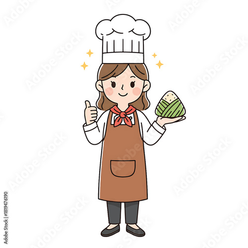 Cheerful Female Chef Holding Onigiri with Thumbs Up Gesture.