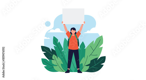 A young activist or protestor with a backpack stands in front of large green leaves holding a blank sign for a message.