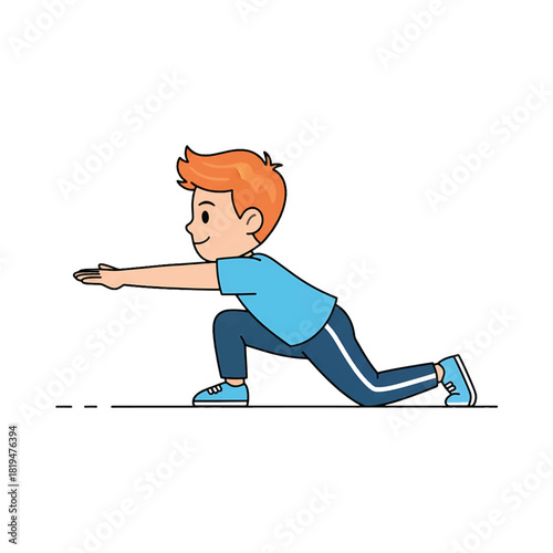 Cartoon Boy Doing Forward Lunge Exercise in Blue Clothes.