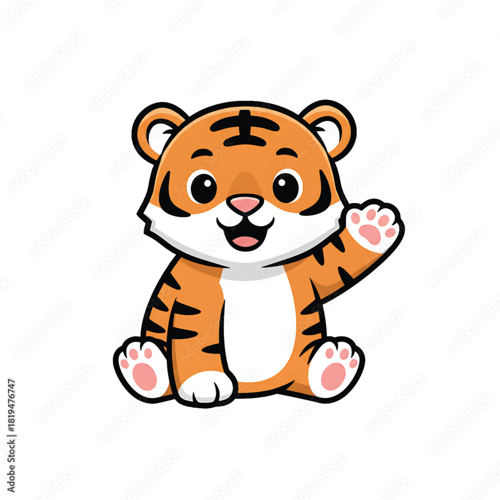 Obraz premium Cute Cartoon Baby Tiger Waving Its Paw.