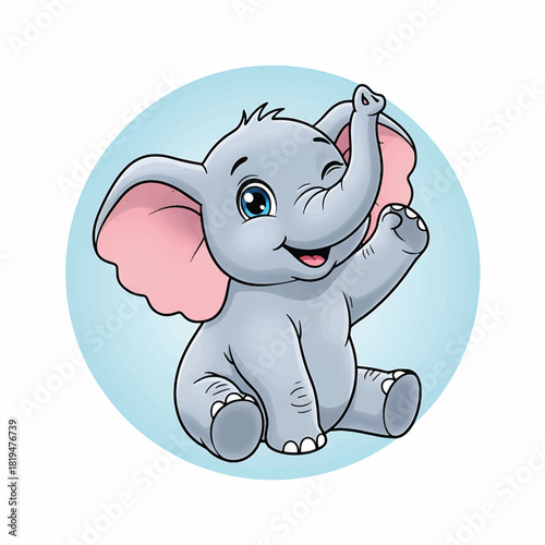 Cute Cartoon Baby Elephant Waving with Smile.