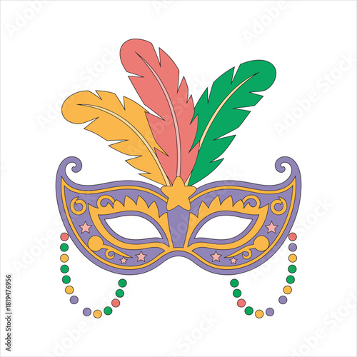 Ornate purple masquerade mask shows gold accents, star details, and colorful feathers