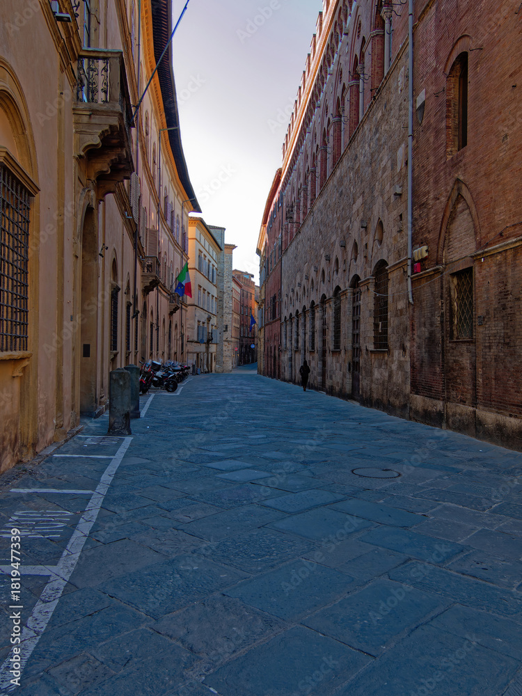 Obraz premium A narrow alley in Siena, Italy, framed by aged brick walls and ivy, leading to a sunlit ochre building with arched windows. The scene evokes timeless Tuscan charm and architectural intimacy.