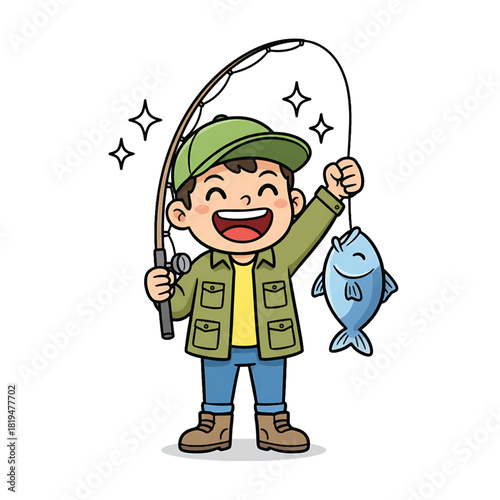 Happy Young Boy Holding Fishing Rod and Caught Fish.
