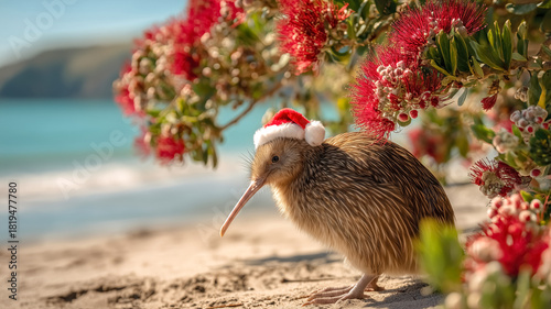 Fototapeta Naklejka Na Ścianę i Meble -  Cute kiwi bird wearing Santa Claus hat sitting under blooming pohutukawa tree (Metrosideros excelsa) on the beach on a sunny day. Iconic New Zealand's native tree and endemic bird.