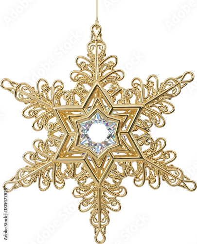 Gold cage snowflake with a crystalline core in a minimal festive decorative style on a clean white background