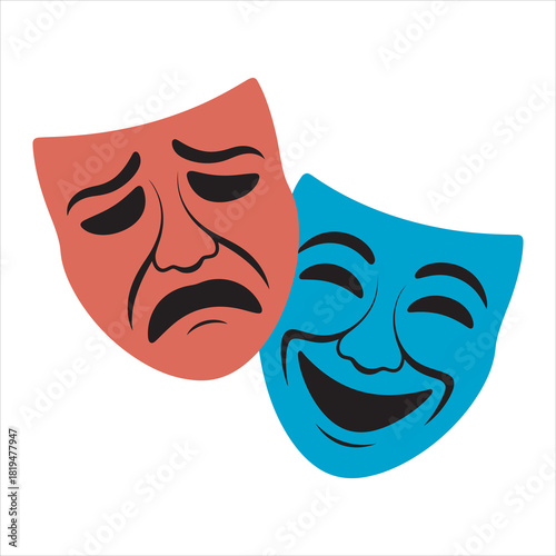 Red sadness and blue happiness face masks represent contrasting emotions on a transparent backdrop