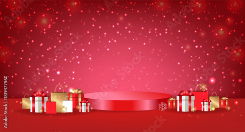 Christmas Poster Podium And Fir Tree And Gift Box